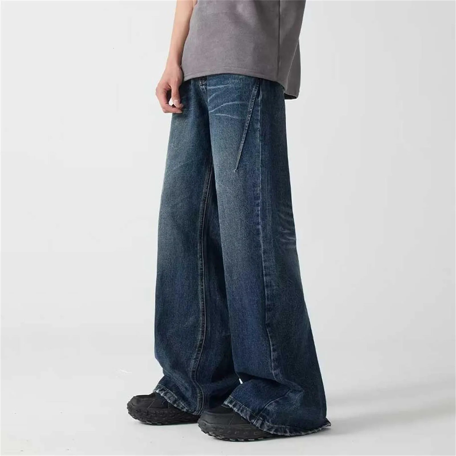 Baggy Jeans Men Distressed Denim Wide Leg Pants Pleated Oversize Hip Hop Trousers Male Korean Streetwear Clothing 250214