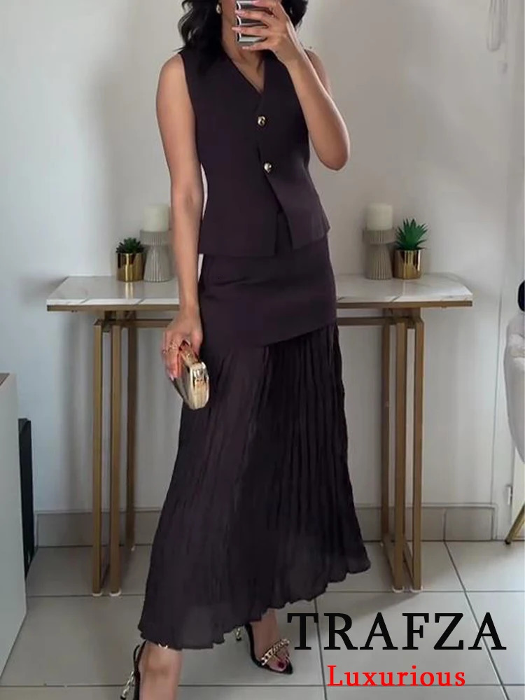 TRAFZA Vintage Chic Women Knitted Suit VNeck Sleeveless Single Breasted Top Straight Long Spliced Skirt Fashion Spring 250214