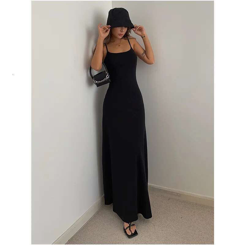 Summer Black Womens Straps Sleeveless Sexy Korean Fashion Grey Suspender Simple Temperament Longuette Skirt Dress