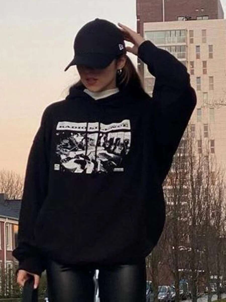 Vintage Rock Graphic Print Hoodie Women Casual Hooded Long Sleeve Pocket Pullover 2023 Oversized Streetwear Y2k Sweatshirt Tops