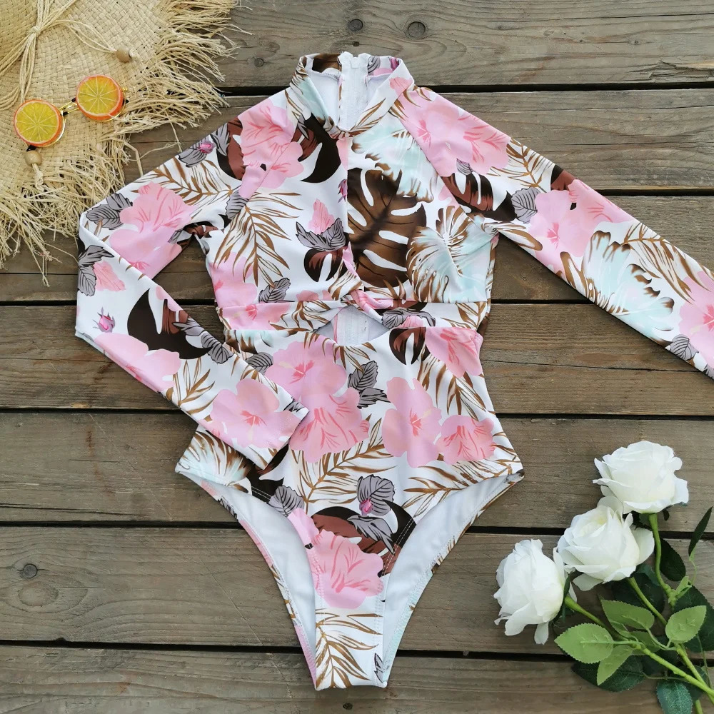 Sexy Zipper Surfing One Piece Swimsuit Long Sleeves Women Swimwear Bathing Suit Printed Female Vintage Beachwear 250214