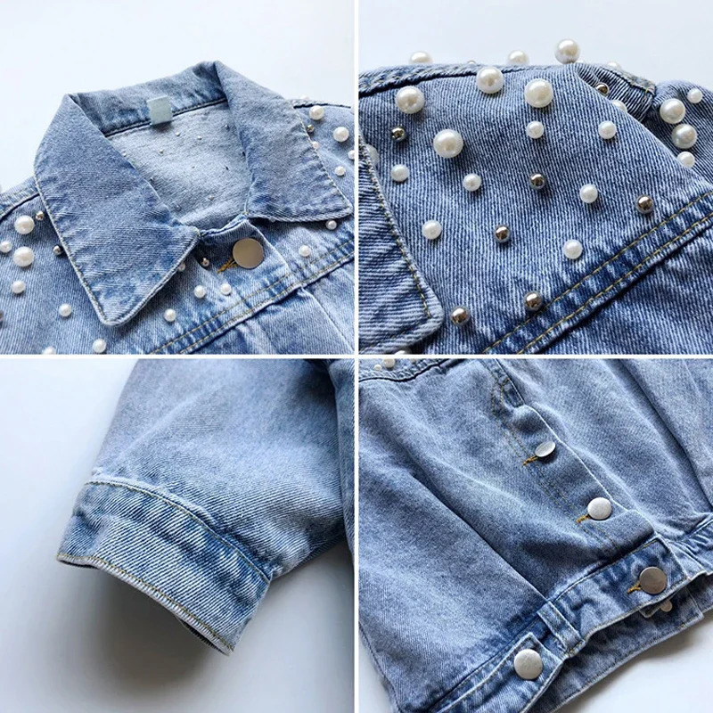 Spring Autumn Pearl Embellishment Teenage Girls Denim Coat Children Fashion Windbreaker Kids Birthday Present Outerwear 250214