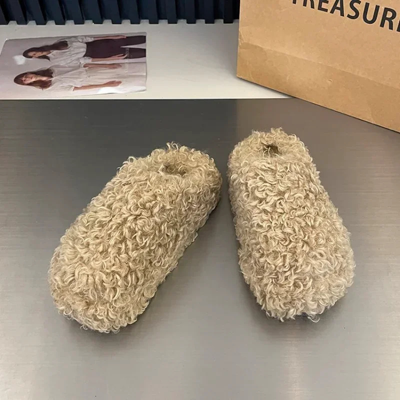 Thick Heel Lambwool Mules Winter Shoes Woman Flip Flops Flat Cover Toe Slides Ins Warm Curly Lamb Fur Slippers Women 250213