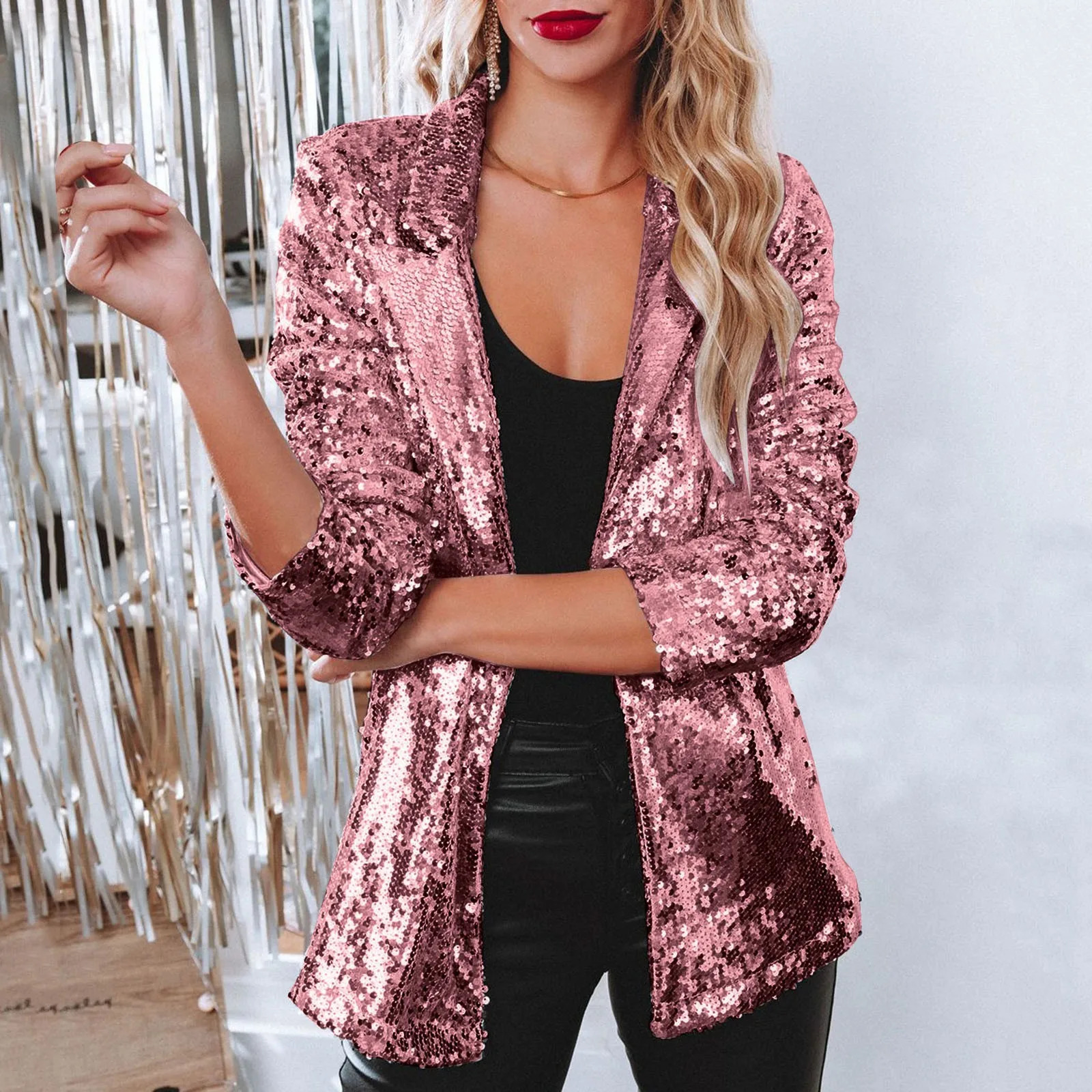 Women Elegant Sequins Suit Jackets Long Sleeve Glitter Party Shiny Lapel Coat Rave Outerwear Club Wear Blazers Jacket 250211