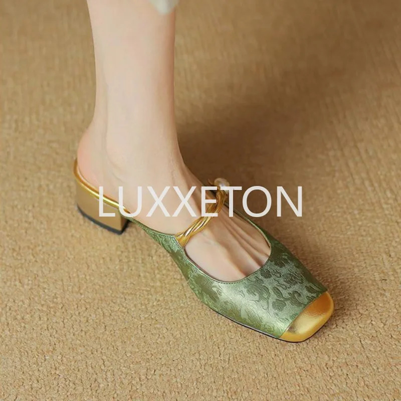 Women Baotou Half Slippers Summer Elegant Artificial Leather Barefoot Print Women Outdoor Fashion Low Heel Slippers 250213