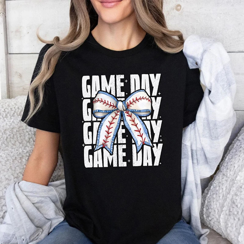 Game Day Retro Classic Shirt for Women Coquette Baseball Bow Short Sleeve Tee Football Season Sports Mom Tshirt Womens Clothing 250214