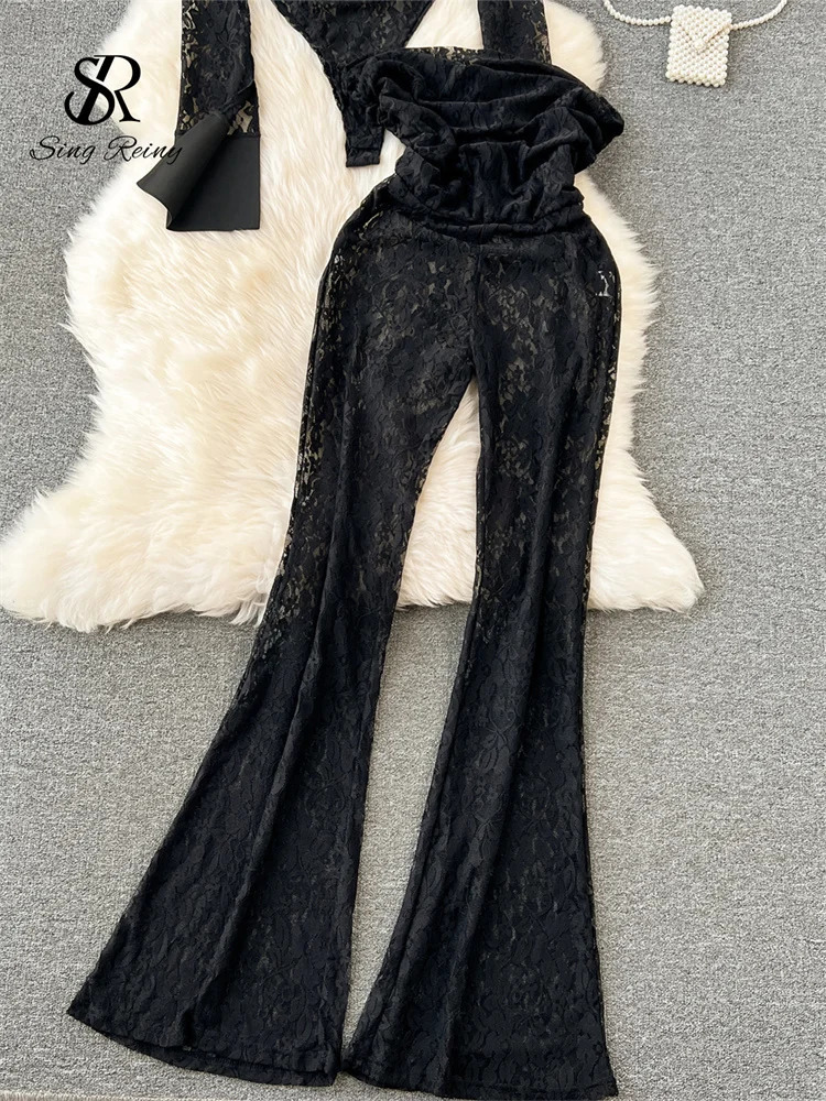 SINGREINY Fashion Lace Sheer Two Pieces Sets Women Lapel Long Sleeves Slim BodysuitsElastic Long Pants Ladies Sexy Sets 250210