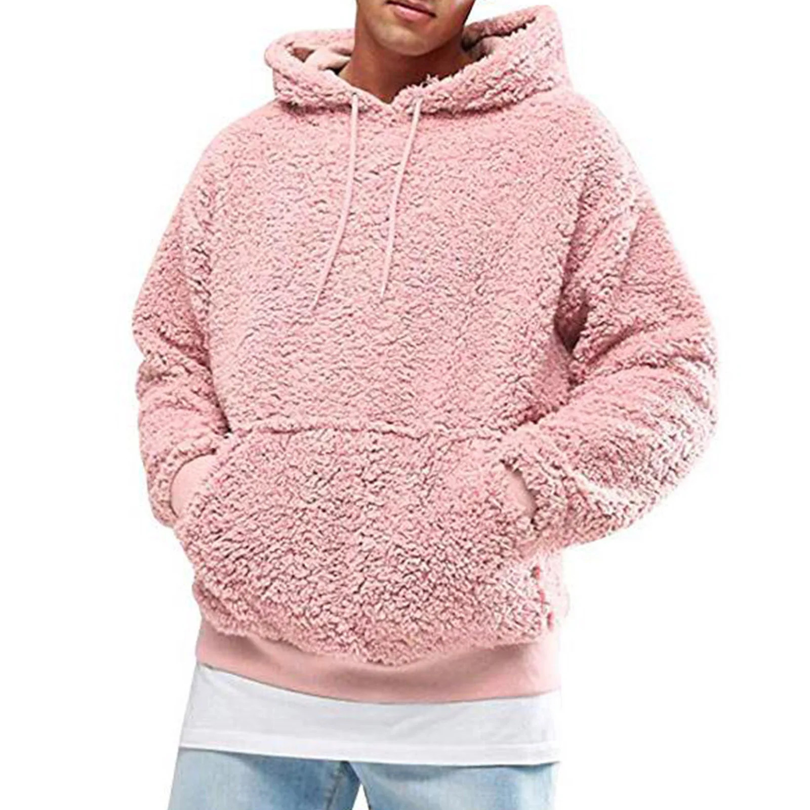 Autumn Winter Plush Hoodies Solid Color Long Sleeve Hooded Pullover Men Warm Casual Wild Fit Fleece Sweatshirt with Pockets 250214