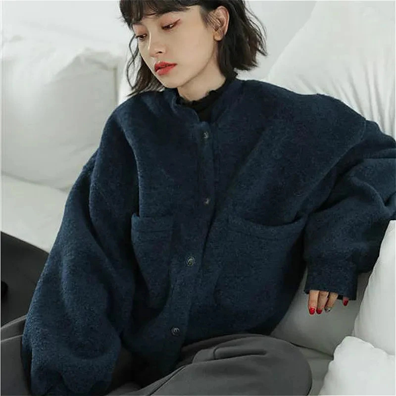 MEXZT Basic Fleece Jackets Women Korean Solid Woolen Coat Autumn Winter Vintage Streetwear Pockets Loose Casual Warm Outerwear 250120