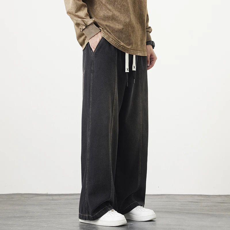 Plus Size M8XL Baggy Jeans Mens Blue Black Streetwear Elastic Waist Y2K Trousers Fashion Straight Leisure Wide Denim Pants 250214