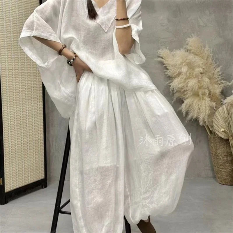 Loose Ramie Set For Women Large Size With Bat Sleeves V-neck Cotton Linen T-shirt Casual Lantern Pants Two-Piece Set For Summer 250210