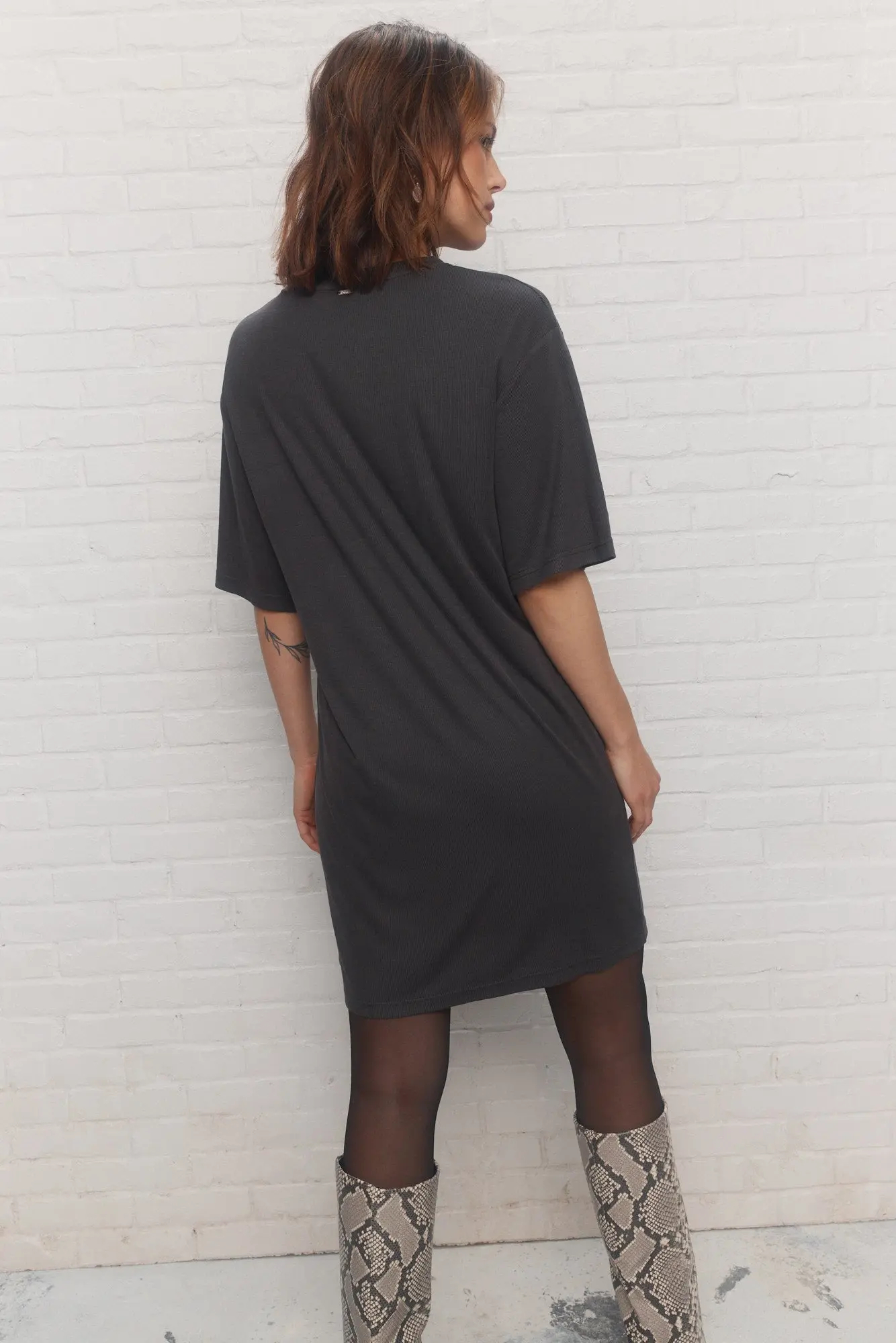 Basic Casual Loose-fit Ribbed Grey Short Sleeve Dress