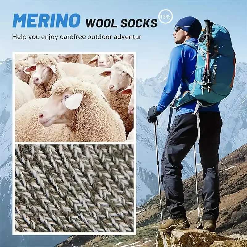 5 Pairs Merino Wool Socks For Men Super Thick Hiking Socks Thermal Socks For Cold Weather W250217