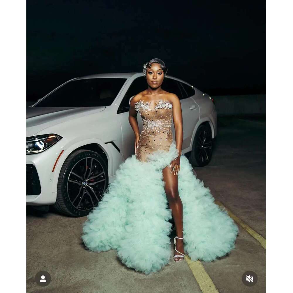 Sexy Customized Mint Puffy Tiered Ruffle Mermaid Prom Dress For Black Girls Crystals Rhie Beaded Formal Party Gowns YPD mal