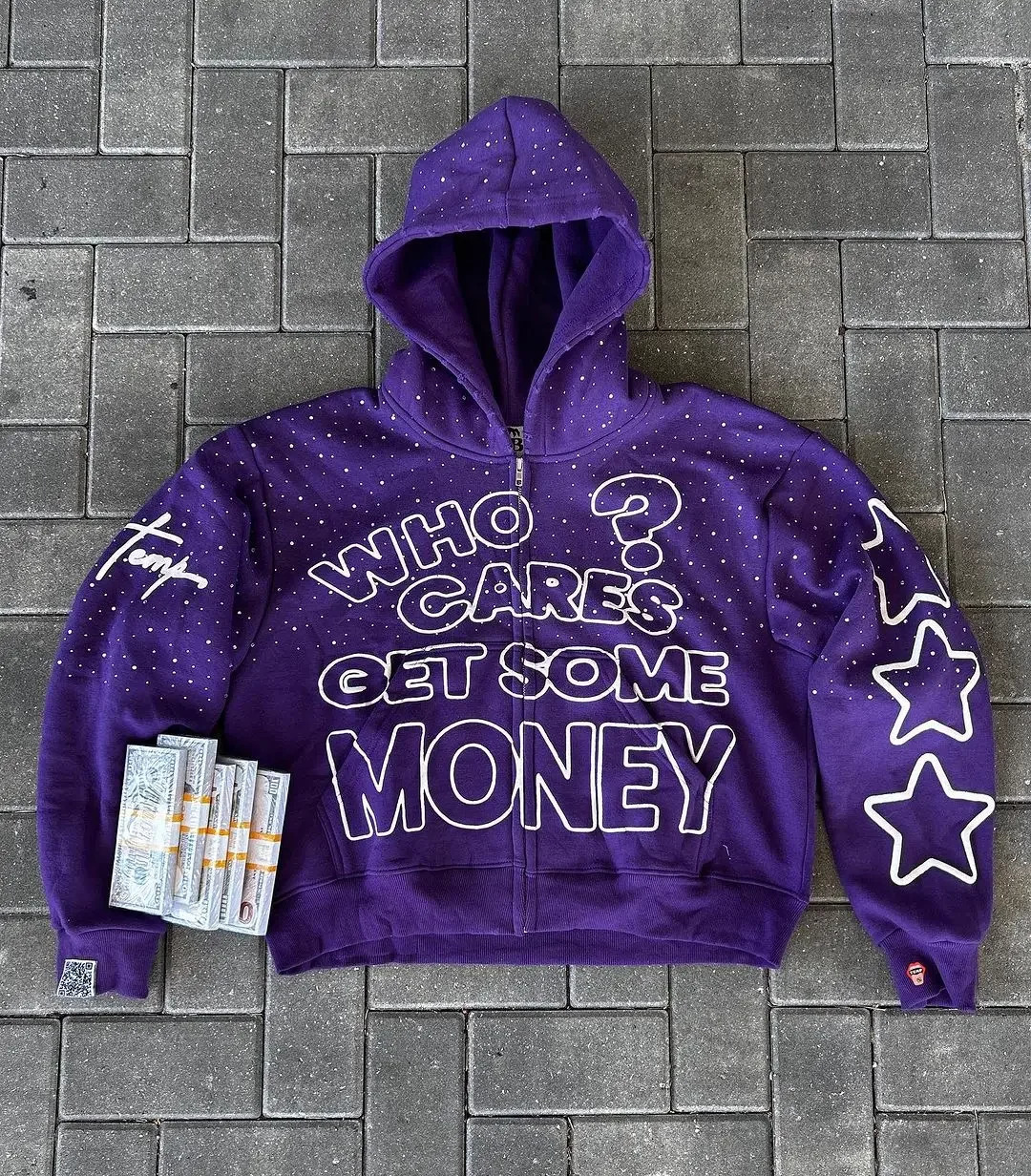 American Trend Who Cares Get Some Money Printed Zipper Sweater Mens and Womens Y2K Harajuku Hip Hop Goth Casual Coat 250214