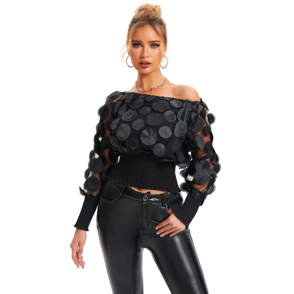 Applique Slant Shoulder Blouse, Elegant Long Sleeve Blouse For Spring & Fall Women's Clothing