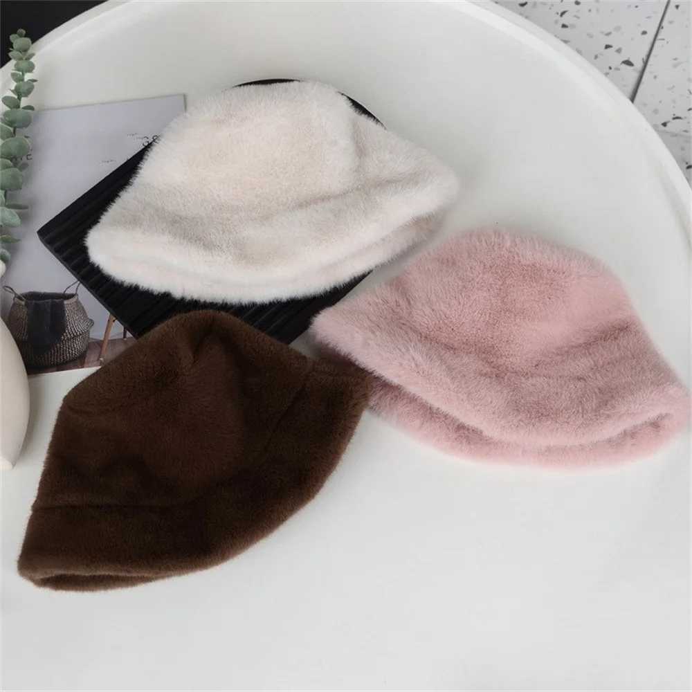 WHITE Faux Fur Fisherman Hats Antumn Winter Thickened Warm Bucket Hat Lady Outdoor Soft Snow Fur Cap Solid Wide Brim Caps W250217