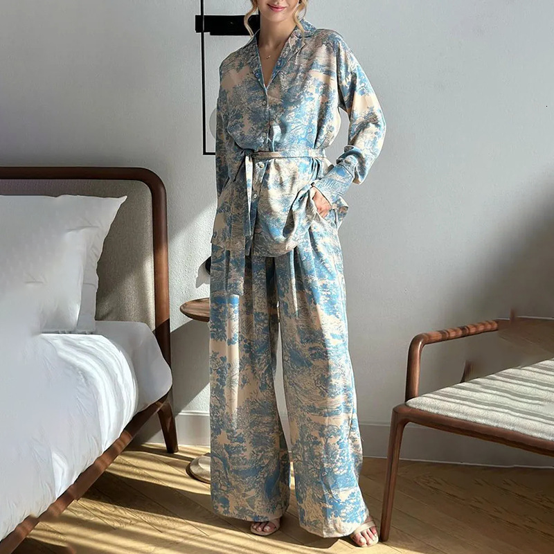european and american women's autumn set new printed temperament long sleeved lace up loose wide leg pants fashion set for women 661