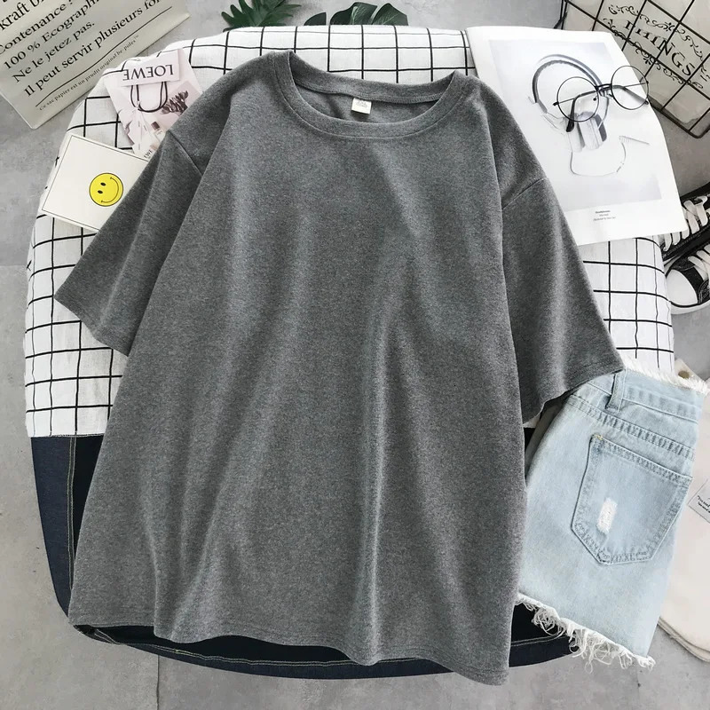 Basic T Shirt Women Summer Oversized Solid Tees 7 Color Casual Loose Tshirt Korean O Neck Female Tops 250217