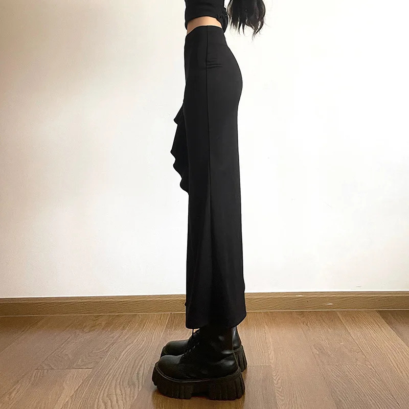 ALLNeon Gothic Black High Waist Bodycon Mid Skirt EGirl Punk Ruffles Split ALine Skirts Y2K Fashion Women Streetwear Bottoms 250211