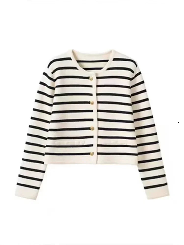 Women Singlebreasted Cardigan Sweater Knit Striped Patchwork Sweet Coat Office Fashion 250211