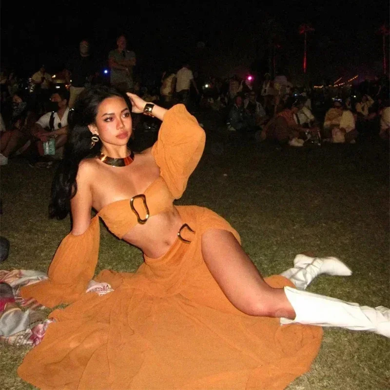 Sexy Bikini Top Skirt Set Women Long Lantern Sleeve Off Shoulder Cropped Tops Pleated Split Skirts 2024 Summer Lady Beach Outfit 250211