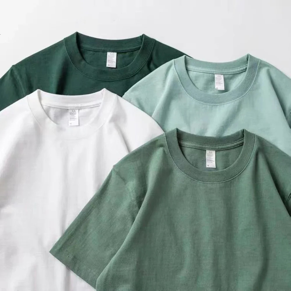 Men Women Green T-shirt 200g Cotton Short-sleeved Top Korean T-shirt Green Thick Cotton Half-sleeve Unisex T Shirt 250217