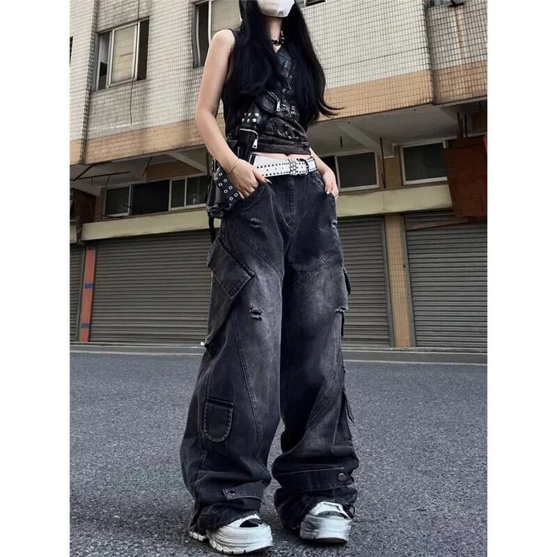 Black Womens Jeans High Waist Vintage Straight Baggy Pants Hip Hop 90S Y2k Design Sense Wide Leg Large Size Denim Trouser