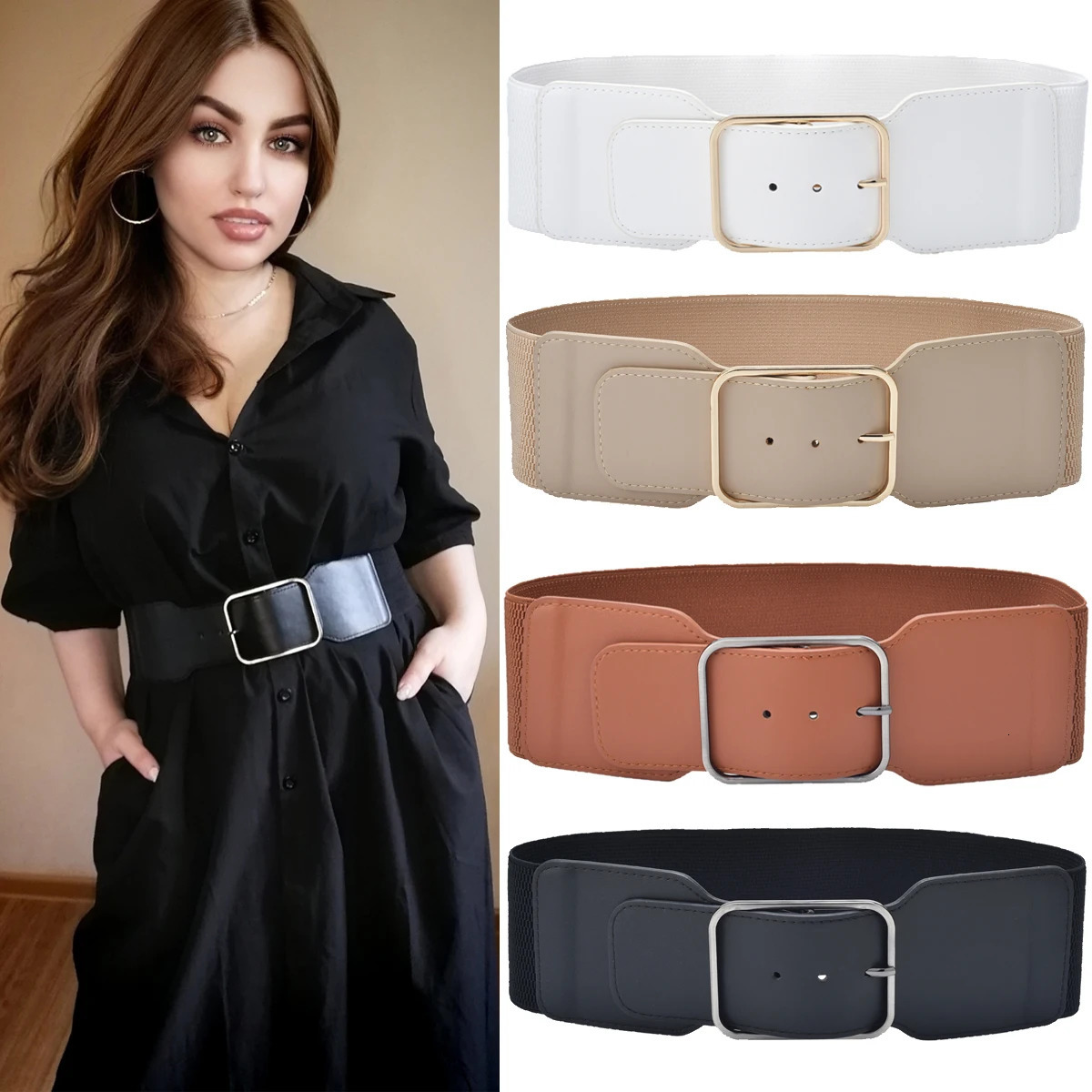 Women Stretchy Wide Waist Belt Ladies Elastic Dress Cummerbund with Pin Buckle Stretch Fashion Cinch Belts 250213