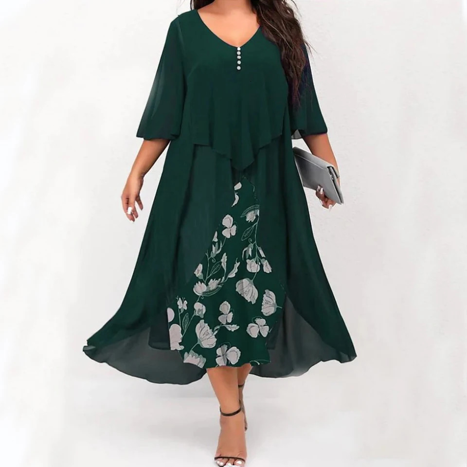 Enlarged XL5XL Elegant Fashion Vneck Loose Party Dress Chiffon Splicing Two Piece Irregular Half Sleeve Womens 250214