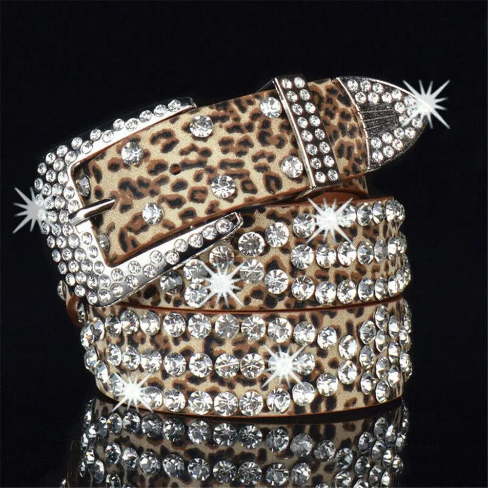 Women Fashion Solid /Leopard Print Studded Rhinestone Belt PU Leather Bling Crystal Adjustable Glitter Waistband for Club Party 250213