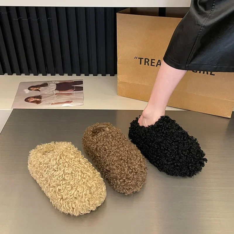 Thick Heel Lambwool Mules Winter Shoes Woman Flip Flops Flat Cover Toe Slides Ins Warm Curly Lamb Fur Slippers Women 250213