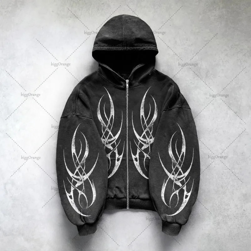 Gothic Punk Graphic Print Oversized Sweatshirt High Street Harajuku Y2K Streetwear Jacket Men Hip Hop Retro Casual Zipper Hoodie 250214