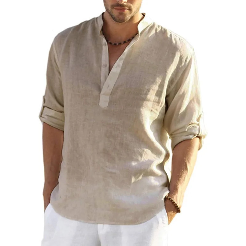 Mens Linen Long Sleeve T-Shirt Solid Color Loose Casual Shirt Long Sleeve Cotton Linen Shirt 250318