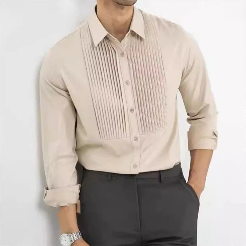 Autumn mens light long sleeved dress solid color ultra-thin retro casual patch work Korean clothing 250214