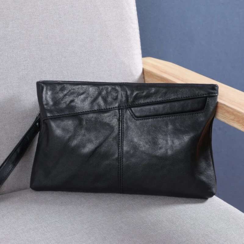 SENOFAN Men's Clutch Bags Cow Genuine Leather Vintage Big Soft Hand For Male Long Wallets Envelope Bag Phone Pocket Black