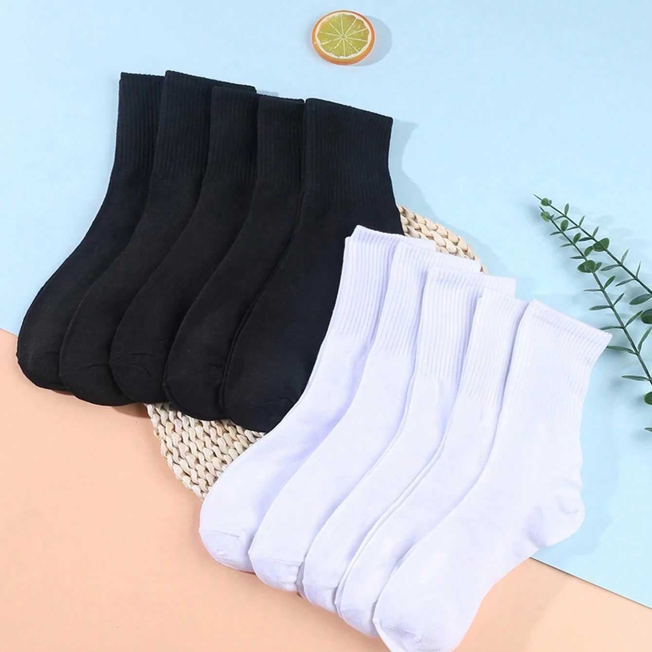 5 Pairs Mens Mid-Calf Socks White Black For Home Casual And Sports Use Suitable For Couples W250217