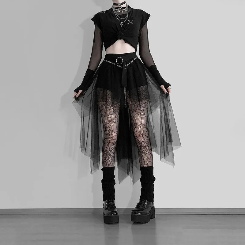 Emo High Waist Irregular Sexy Slim Skirt Harajuku Gothic Mesh Women Y2k Egirl Alternative Indie Clubwear Female 250211