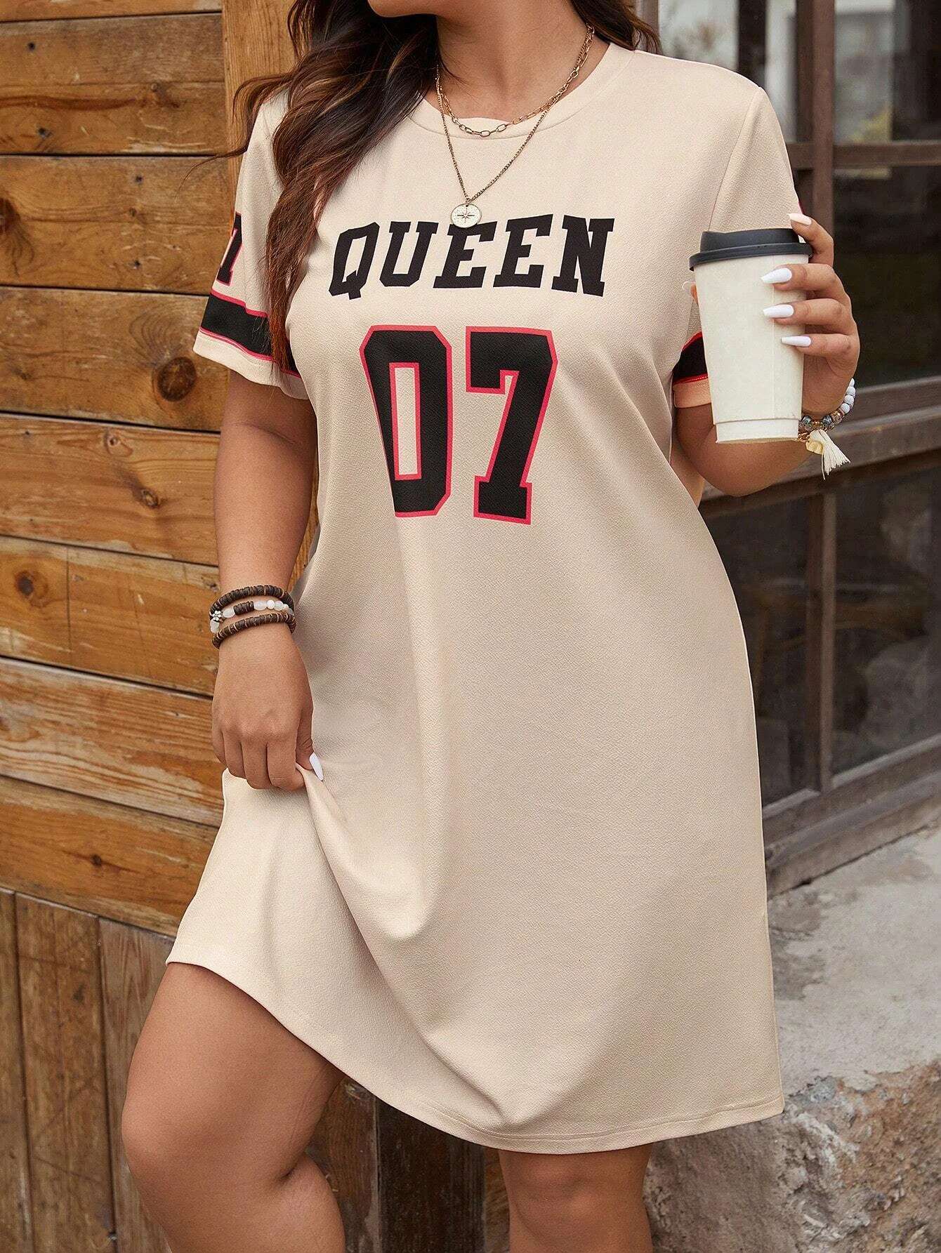 Plus Size Women's Summer Music Festival Pattern Sporty Casual Letter Print Fashionable 07 Printed Jersey Tenniscore Dress123