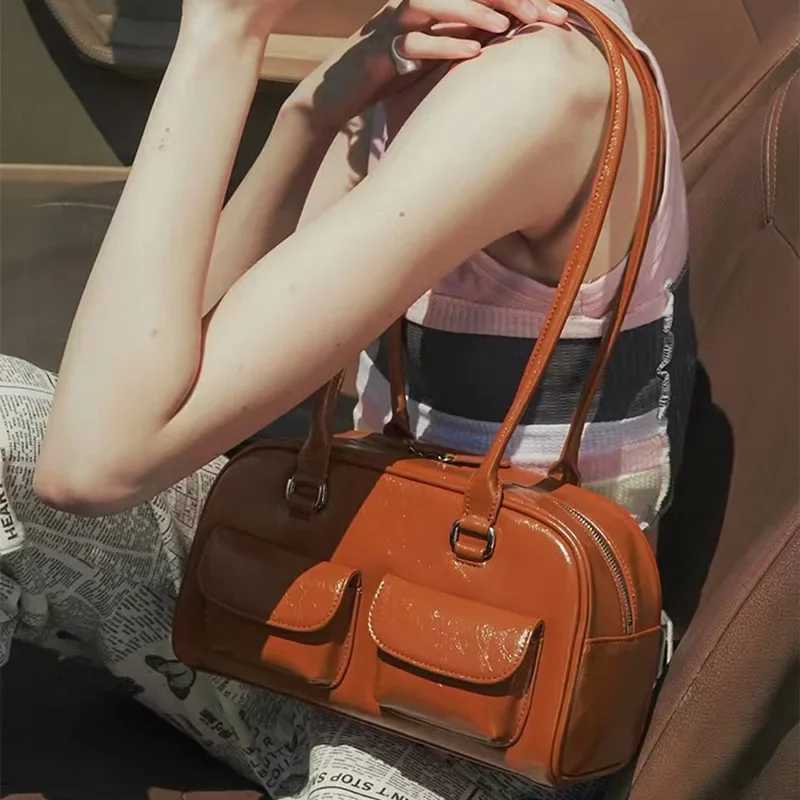 Retro Red Women Satchel Bag PU Leather Multi Pocket Luxury Designer Handbag Female Shoulder Underarm Bag Tote Purses Y250528