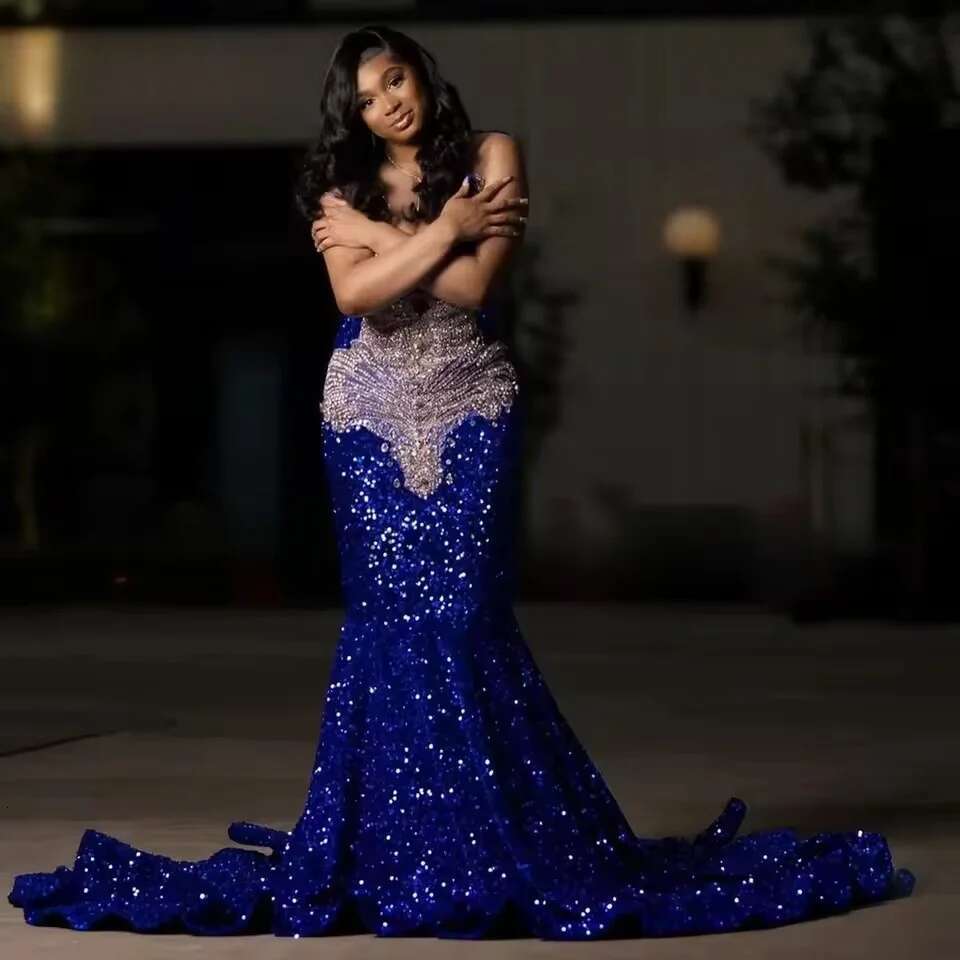 Royal Customized Blue Sequins Mermaid Long Prom Dresses For Black Girls Rhie Sleeveless Evening Formal Party Gowns mal