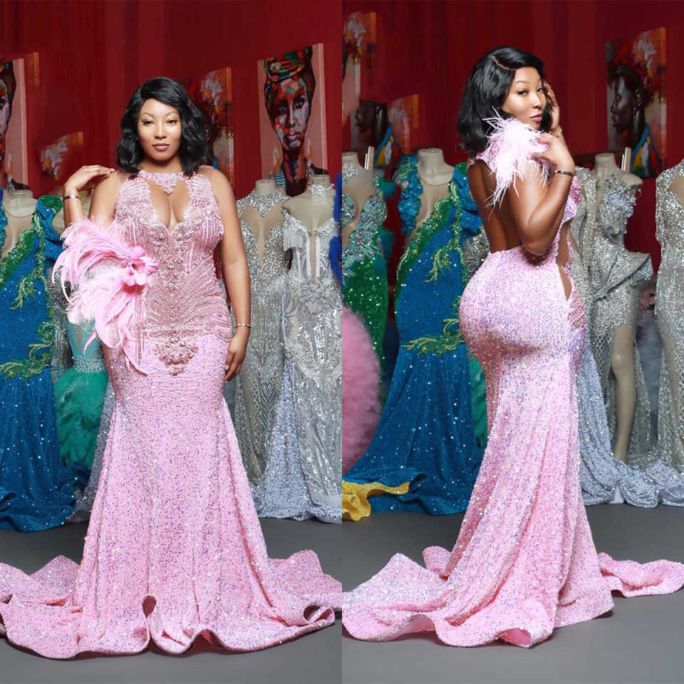 Sparkly Saudi Arabia Mermaid Prom Dresses Sexy Sheer Neck Feather Crystal Beading Plus Size Special Occasion Dress Evening Gowns