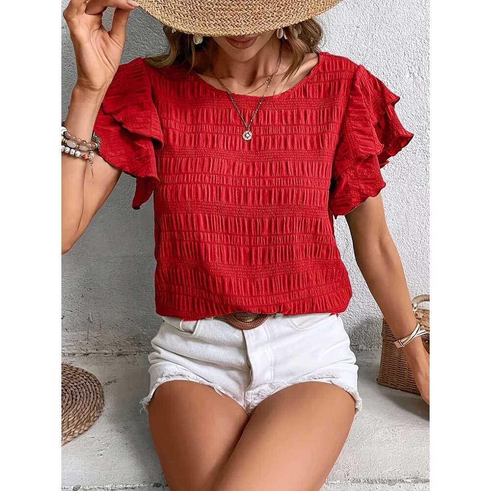 Summer Elegant Solid Shirt For Women Casual Office Lady Blouses Vintage Butterfly Sleeve O Neck Tops