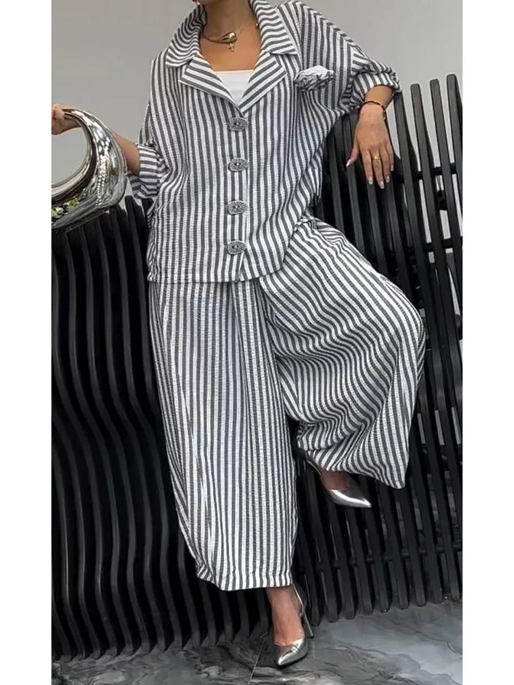 Women Fashion Lapel Wide Leg Pants Loose Sets Spring Autumn Stripe Print 2PCS Casual Suits Office Simple Outfites 250210
