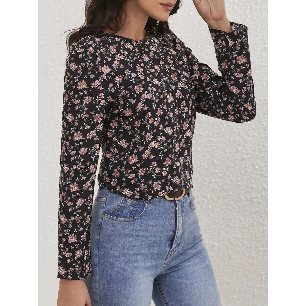 Ladies Ral Print Crew Neck Casual Long Sleeve Blouse Women Tops Shirts