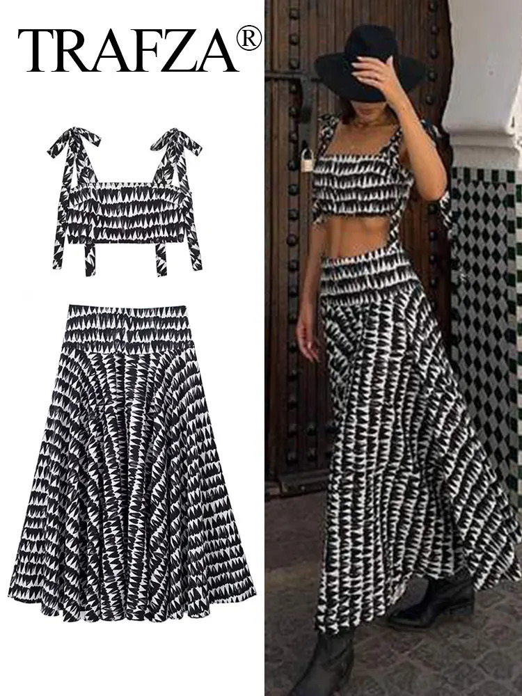 TRAFZA Women Fashion Print Skirts Suit Sexy Backless Sleeveless Slim Corset Crop Top Side Zipper Midi Skirt Y2K Streetwear Sets 250214