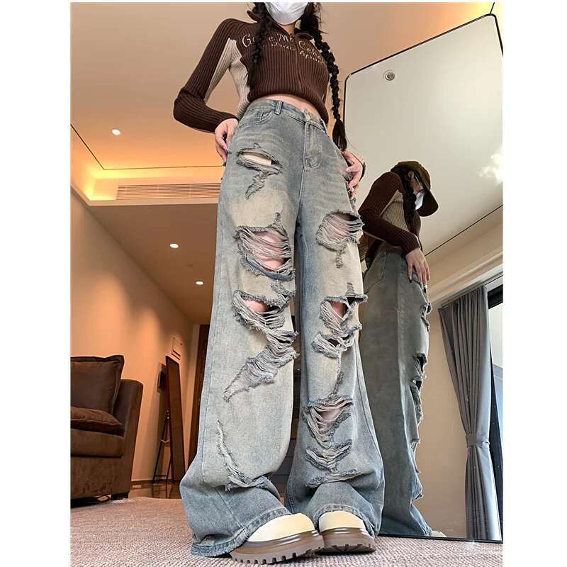 Blue High Waist Women Jeans Hip-Hop Style Fashion Vintage Streetwear Y2k Wide Leg Jean 2024 Female Trouser Baggy Denim Pants