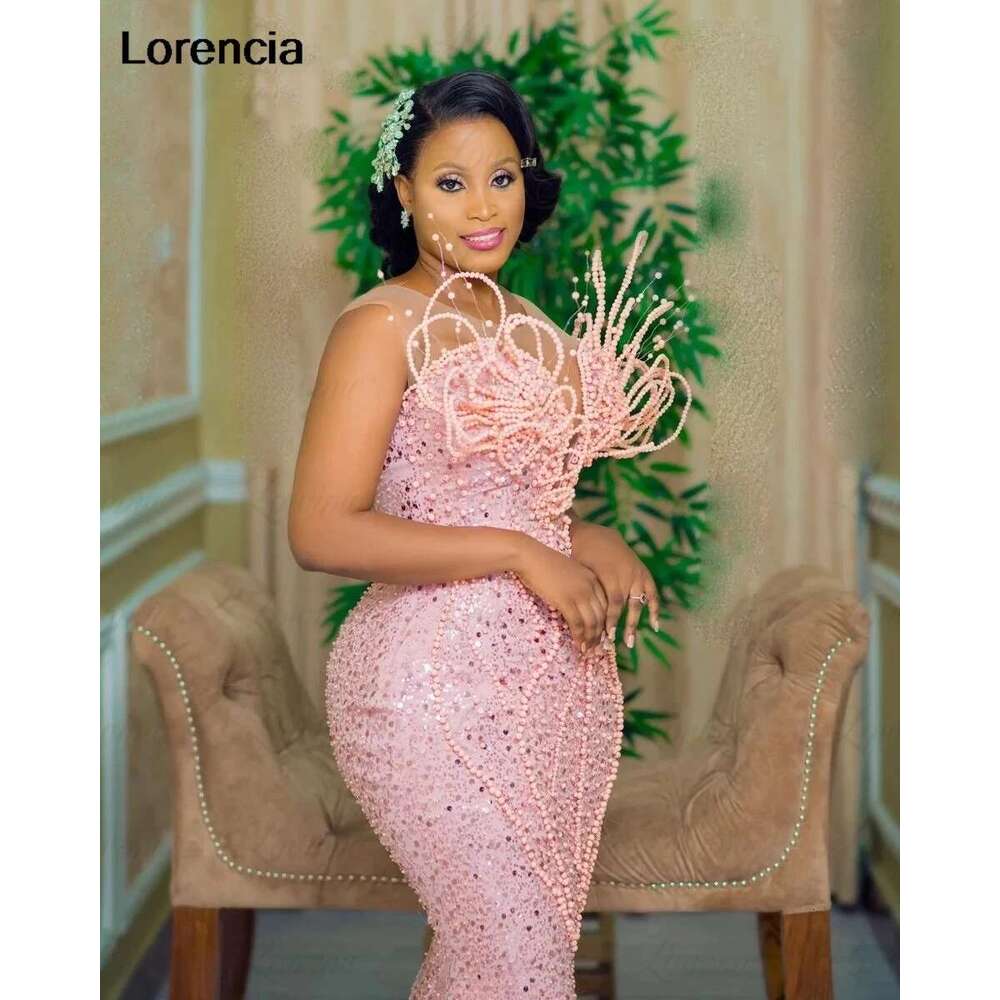 Pink Customized Sequin Beaded Mermaid Prom African Women D Pearls Party Dress Aso Ebi Evening Gown Robe De Soiree YPD ress e YP