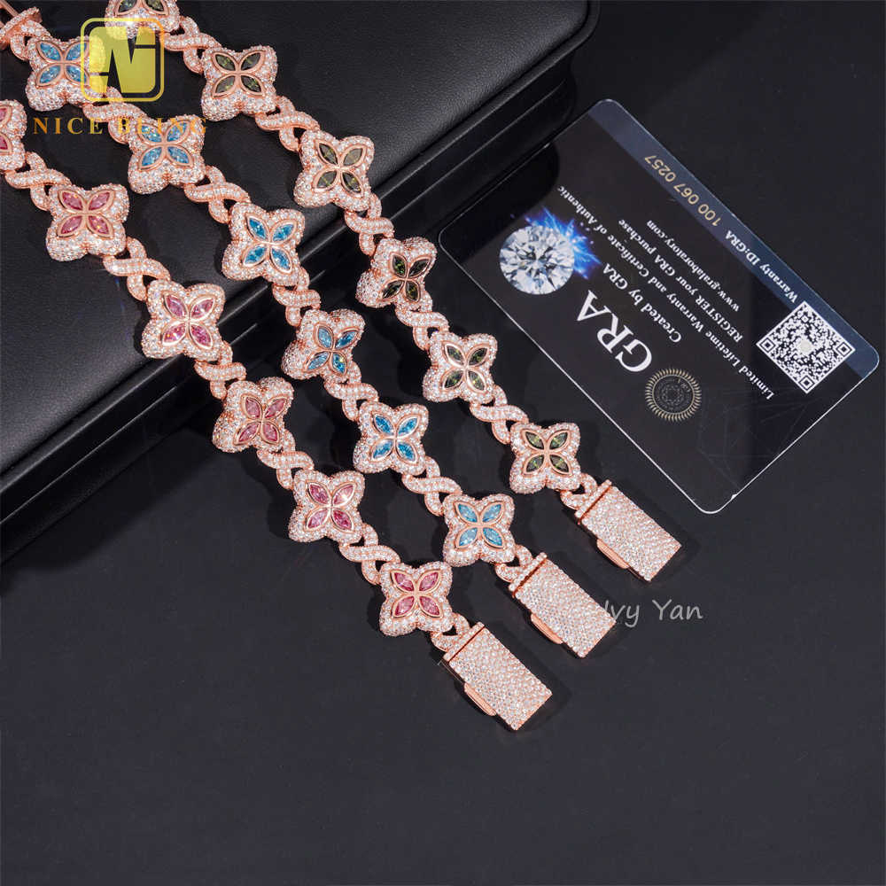 Rich Color Luxury Flower Design 18mm Custom Iced Out Hip Hop Unisex Jewelry Cuban Link Chain 925 Silver VVS Moissanite Bracelet