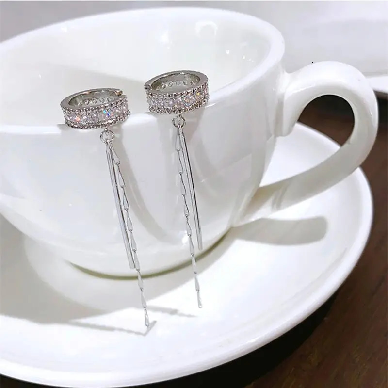 Fashion Zircon Shining C Shape Long Tassel Ear Cuff No Piercing Earrings Female n Simple Clip Party Jewelry 250213